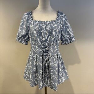 Bloomchic Floral Blue Women's short sleeves blouse cottagecore style